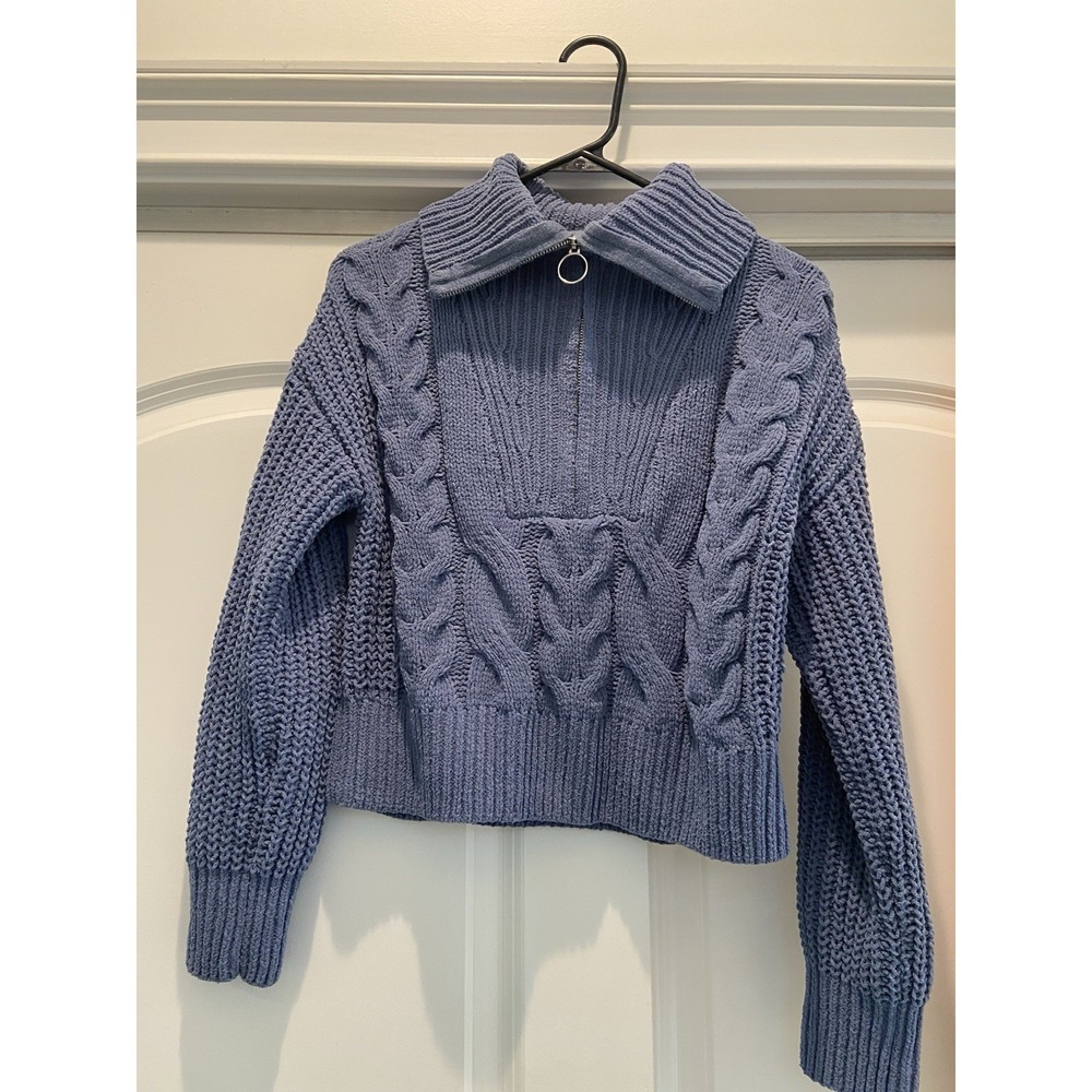 PINK ROSE Sweater Womens S Blue Cable Knit Quarter Zip Collared Long Sleeve